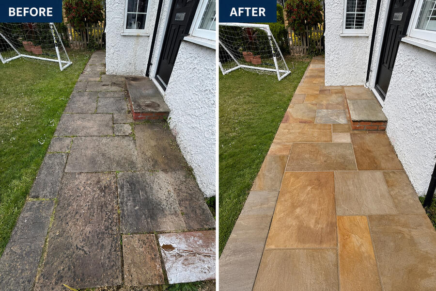 Before and after pressure washing a patio in Ystradgynlais