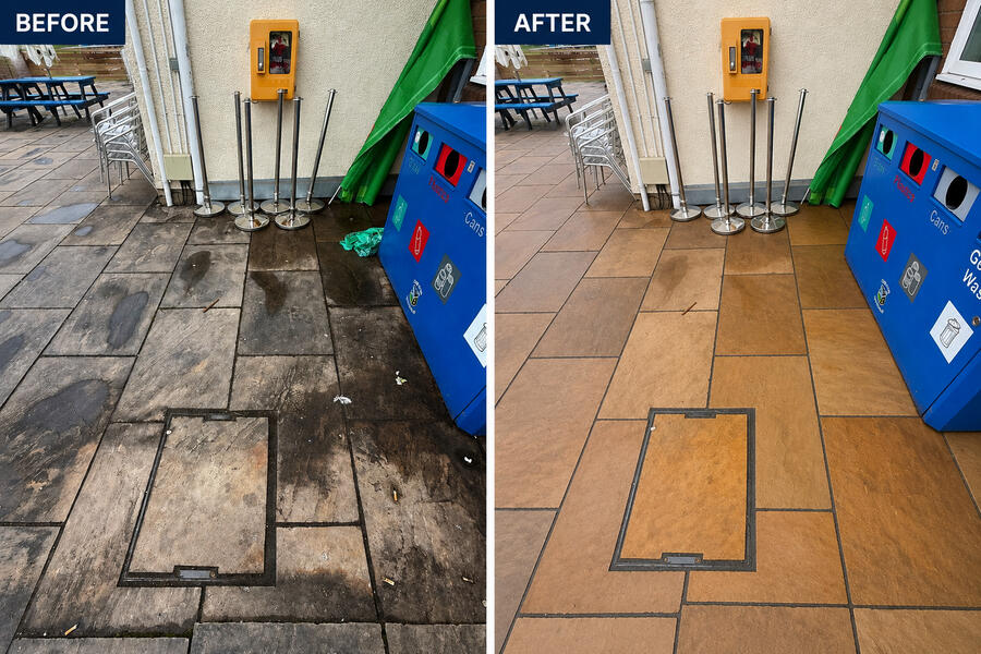 Before and after pressure washing the patio in Ystradgynlais RFC