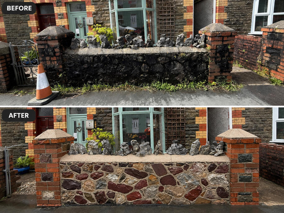 Before and after pressure washing a wall in Ystradgynlais
